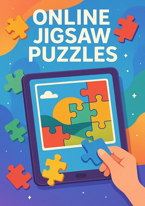 An illustration of a hand playing an online puzzle game on a tablet.