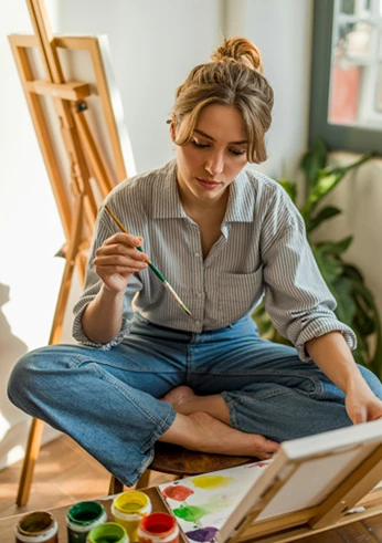 A young woman sit in a chair and paints.