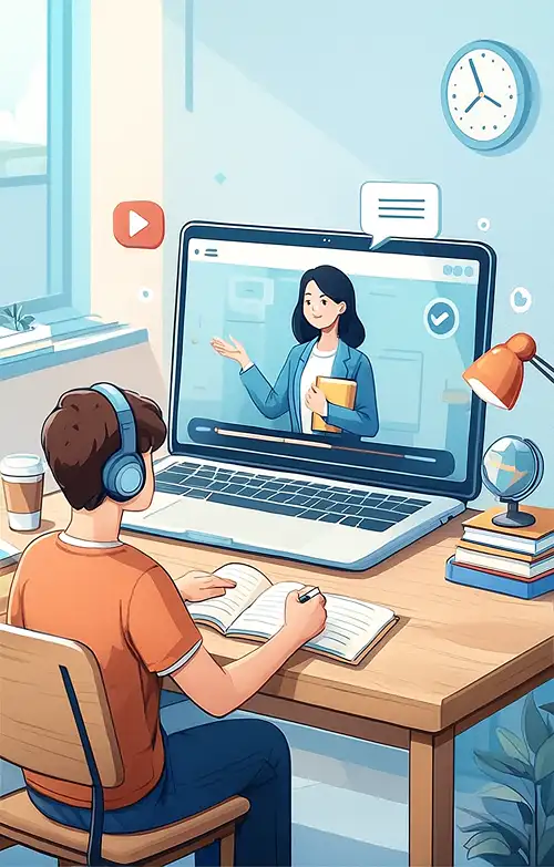 Illustration of a male student take notes from a teacher on a laptop.