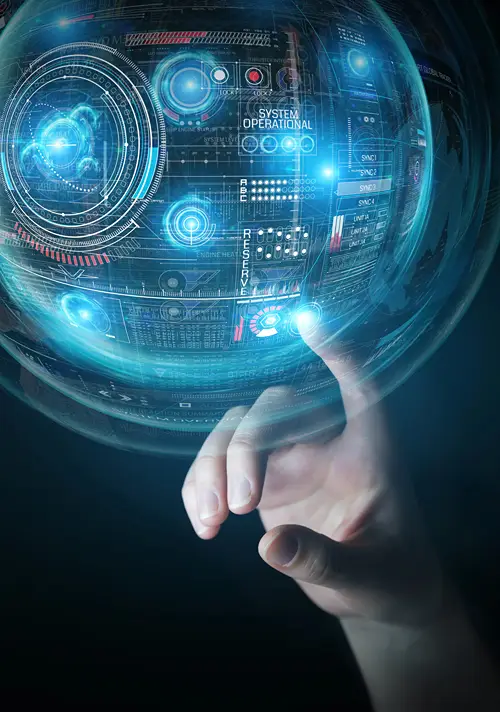 A hand reaches up and touches floating tech imagery.