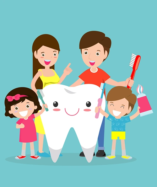 Illustration of younger and older kids holding toothbrush and tooth paste with life size tooth.