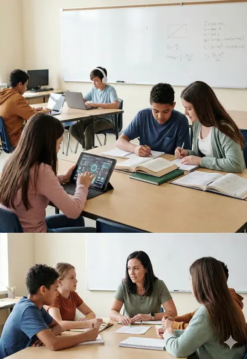 Students leaning in classroom in different formats.