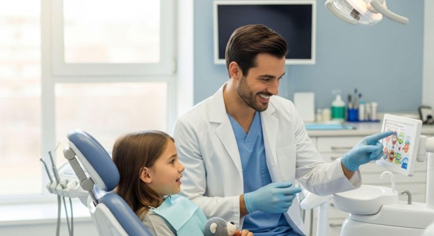 A young girl sits in a dentist chair as the dentist points to a picture on a chart.