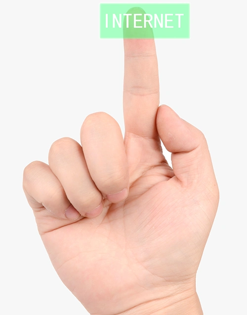 A finger points up to touch the word "Internet".