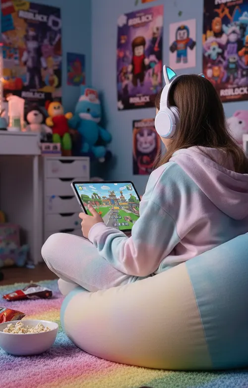 Girl in her bedroom with headphones playing Roblox