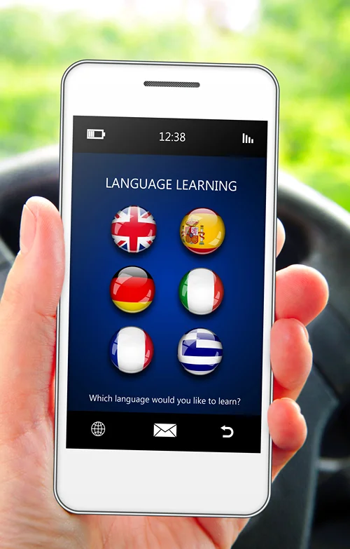 A smartphone app shows various language icons.