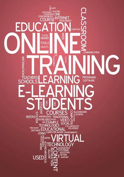 Online Training in bold letters surrounded by other words related to education.