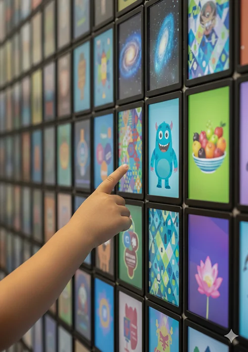 A child's hand reaches up to touch one of multiple screens showing different images