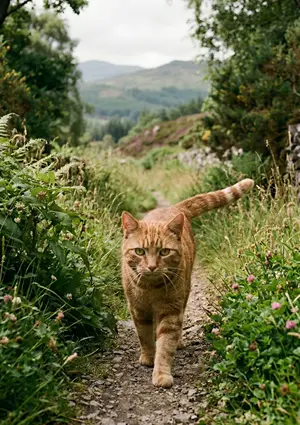 A cat wandering on a path in the wilderness.