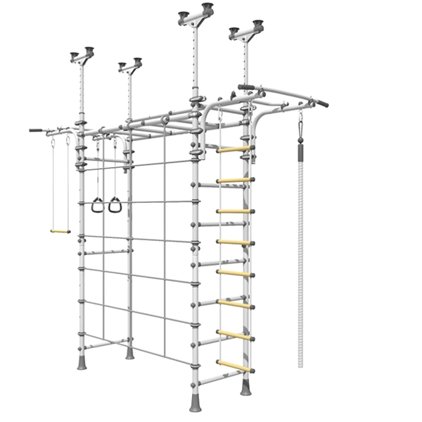 A study ceiling-to-floor tension mounted home climbing gym for kids.