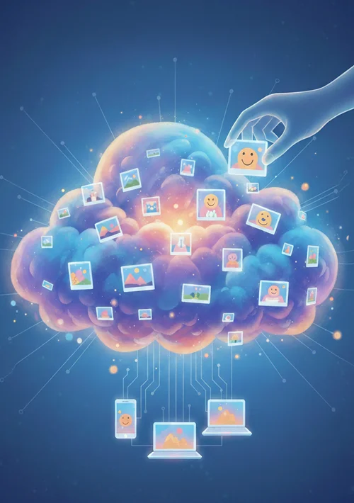 A hand reaching into photo cloud and chooses an image.