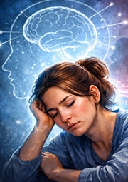 A illustration of a stressed out woman with closed eyes leaning on her hand.