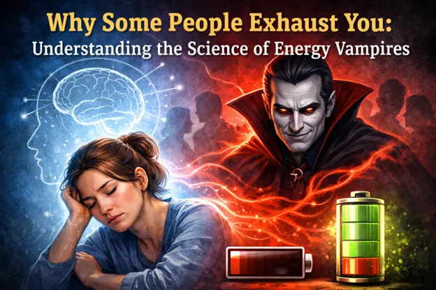 Article Title Image: A illustration of a vampire overlooking a stressed out woman.