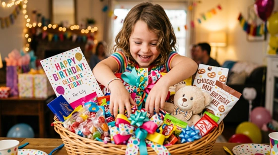 A little girl happily explores a large gift basket on her birthday.