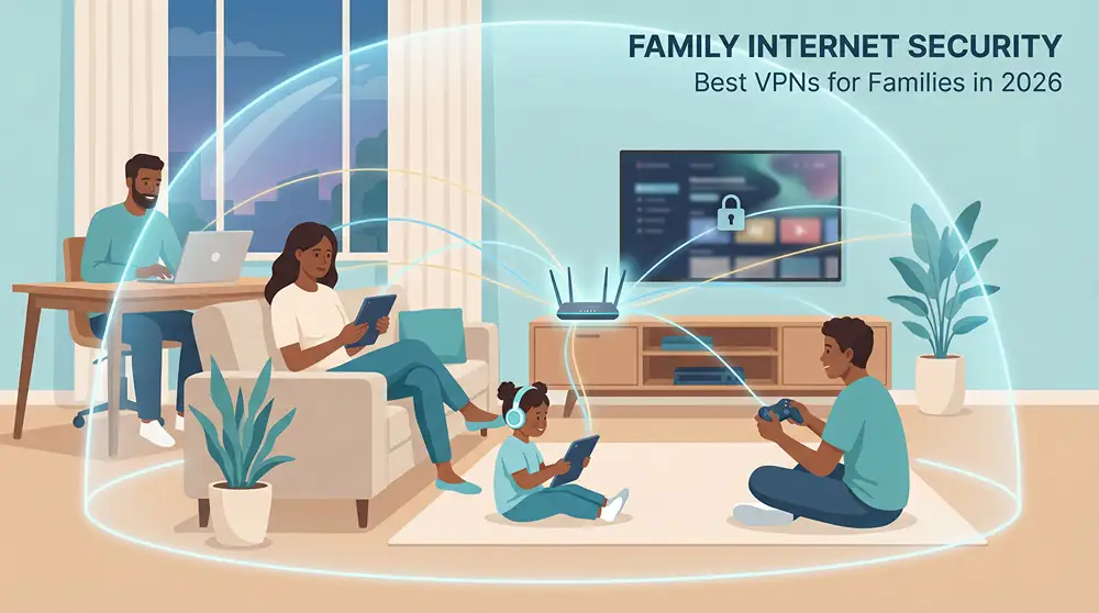 Family in a modern living room using various devices.