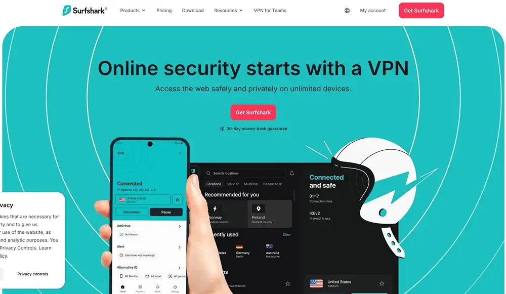 Surfshark home page with title: Online security starts with a VPN.