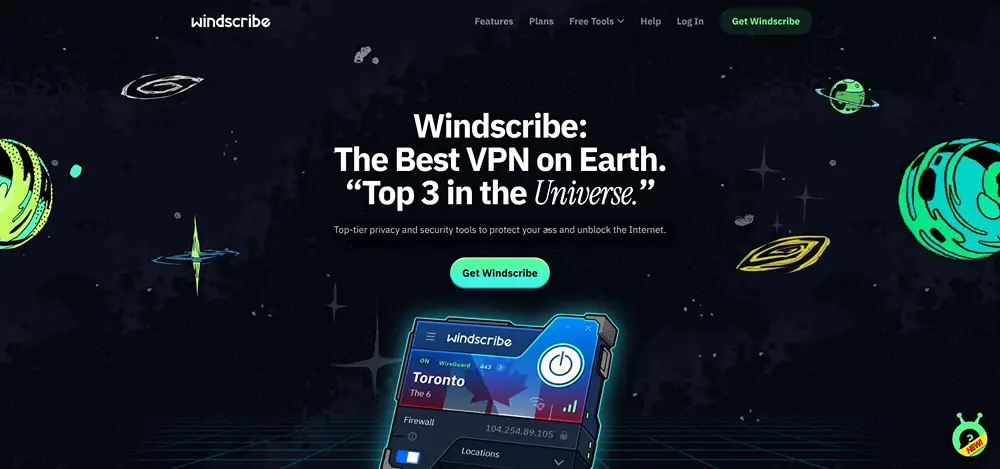 Windscribe VPN home page shows universe theme.