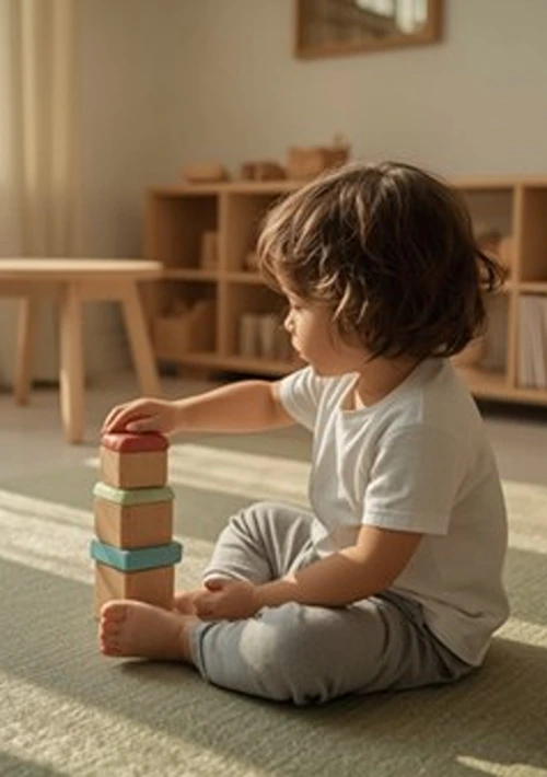 A toddler is playing with a stack of blocks on a living room carpet.