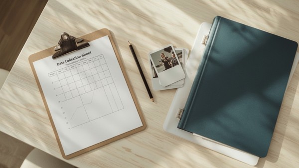 A data collection sheet on a clipboard site on table next to pictures and notebooks.