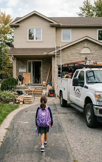 A child wearing a backpack approaches her home with renovation truck and debris out front.