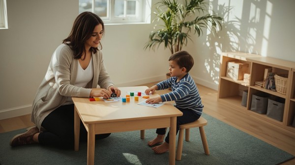 ABA therapist plays blocks with a toddler at a table.