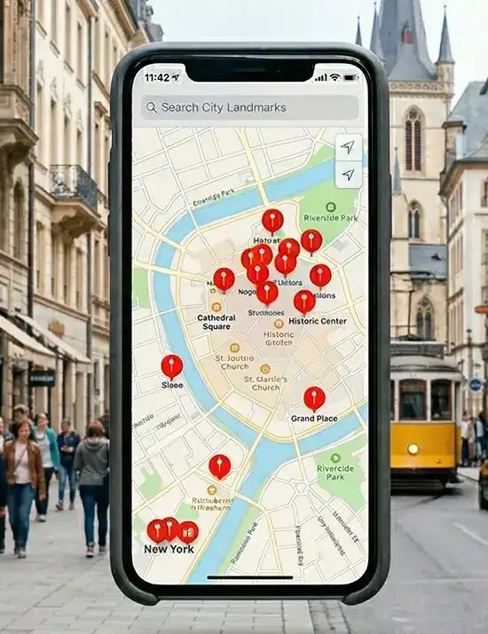 A smartphone with map on screen in front of a city background.