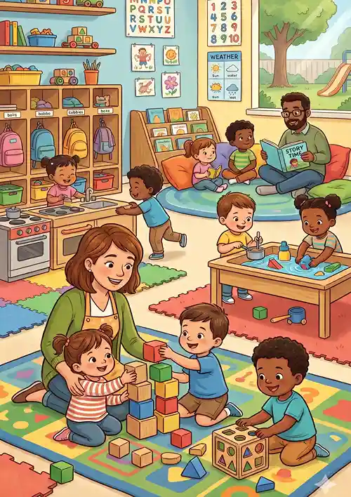 Two caregivers playing with children in a daycare.