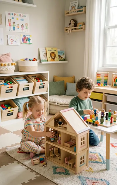 A girl plays with a dollhouse and her brother plays with wooden fugures in their playroom at home.