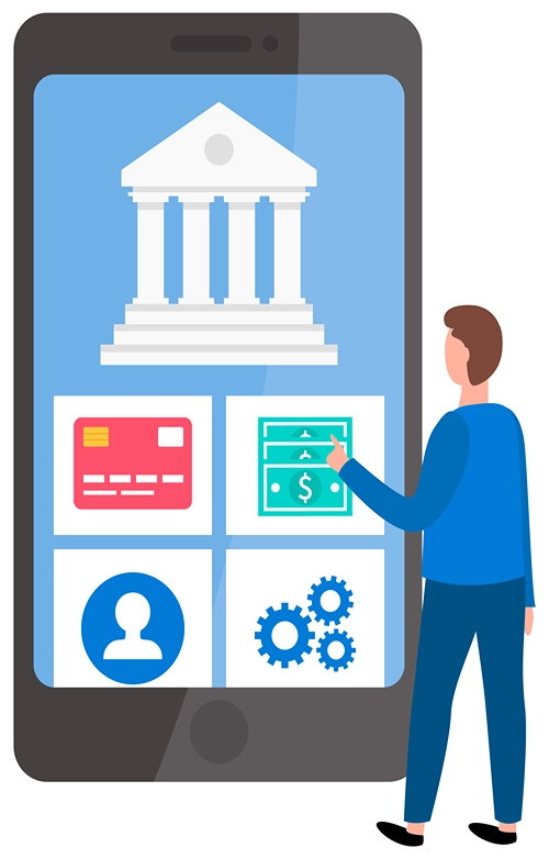 Illustration of male looking at money and finances on a smartphone.