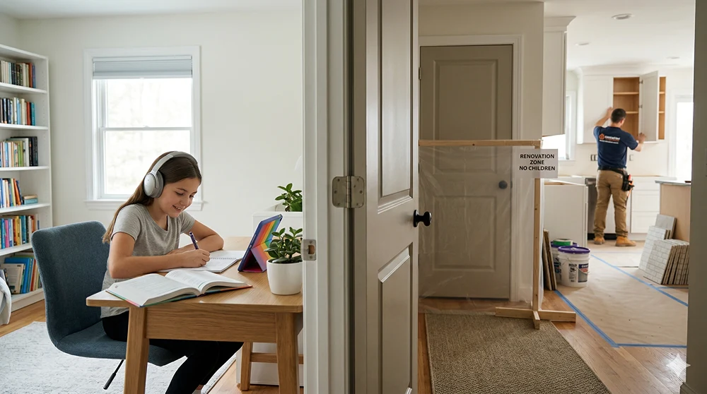 A teen girl on the left doing homework while man on the right working on a home reno.