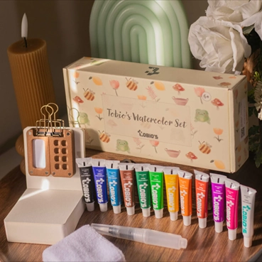 A watercolor set on display.