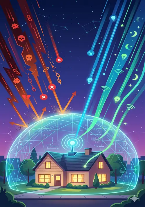 A digital illustration of network-level internet filtering protecting a home from bad content thanks to a translucent shield.