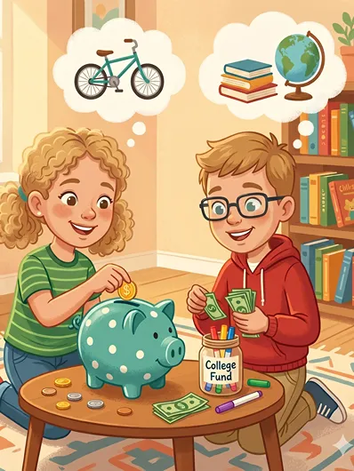 A girl puts coins into a piggy bank will a boy puts cash into a jar. Both dreaming of what they will buy.