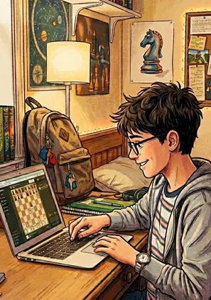 A middle school aged boy playing online chess on his laptop.
