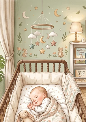 Peaceful newborn baby sleeping in a wooden crib with a star and moon mobile, soft nursery decor in sage green with illustrated animals and clouds.