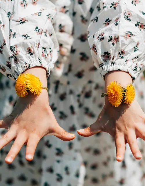 Two hands with palms facing down, each wearing a dandelion flower as a bracelet, against a white floral-patterned dress in soft natural light.