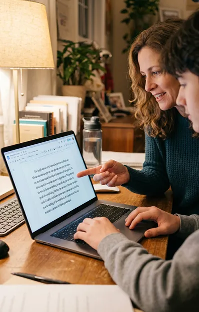 Parent helping teen son write an essay on a laptop at a desk.