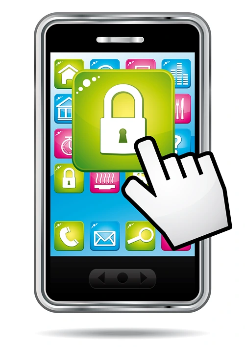 An animated drawing of white hand's finger touching a smartphone with a secure lock symbol on the screen.