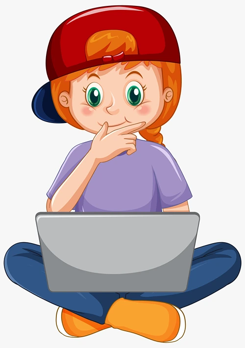A red headed little girl in a ball cap using a laptop.