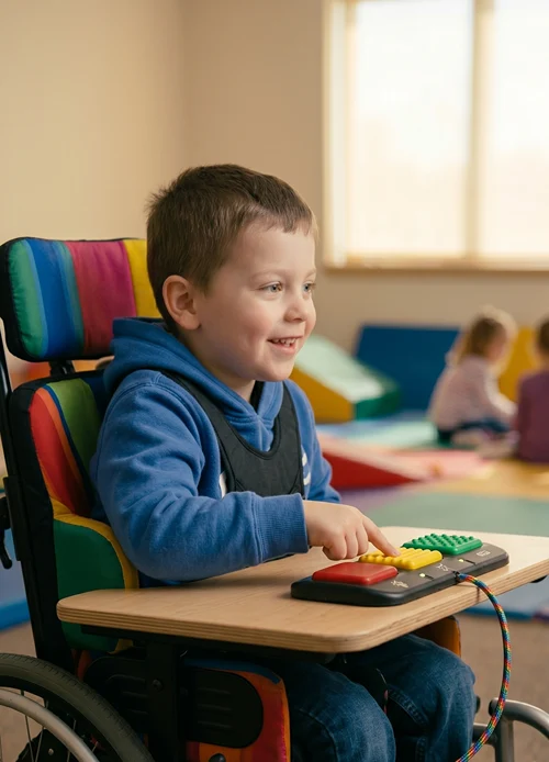 A smiling young boy in a colorful wheelchair using an adaptive switch on his lap tray in class.