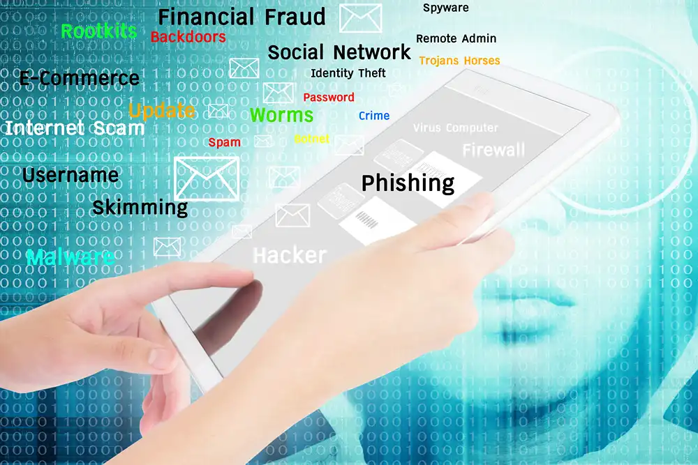 Hand using a tablet surrounded by cybersecurity threat terms like phishing, malware, hacker, and identity theft.