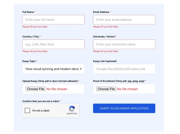 Screen shot of scholarship online entry form.