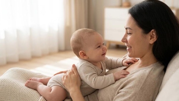Mother smiling at baby resting on her chest in a cozy living room