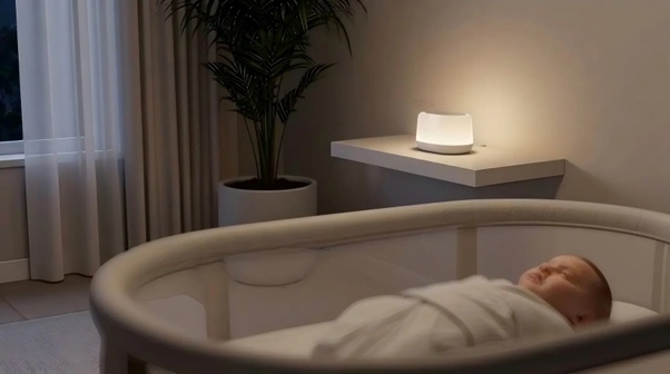 Baby sleeping swaddled in a bassinet, with a nightlight glowing softly on a shelf in the background.