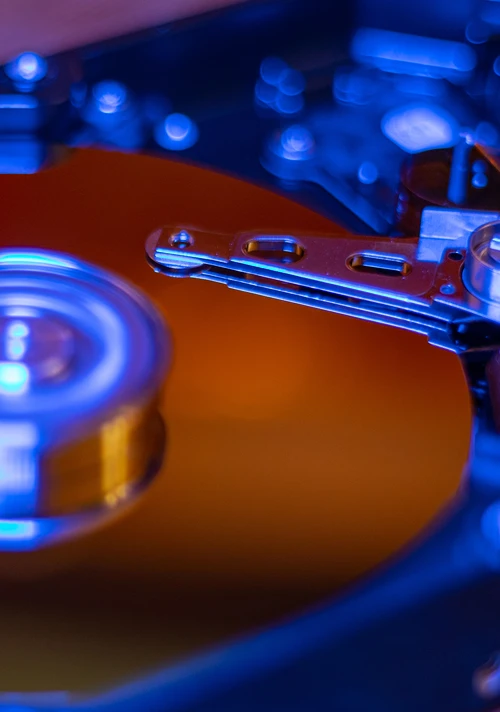 Internal view of a computer disk drive.