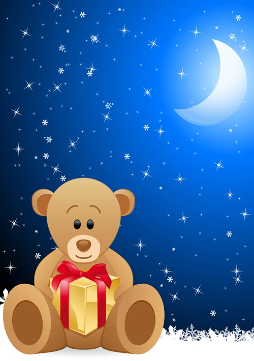 A colorful illustration of a moon shining down on a teddy bear holding a wrapped gift