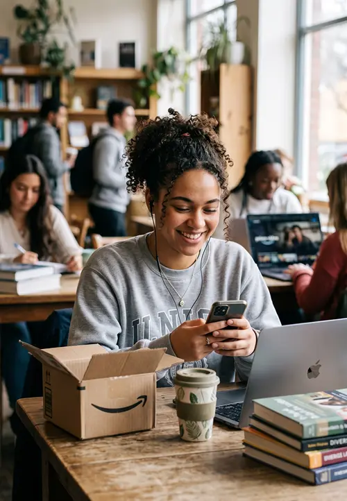 A young adult student smiling while using a smartphone next to an Amazon delivery box at a library table.