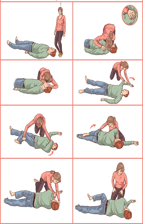 Display of first aid steps from proper recovery position.