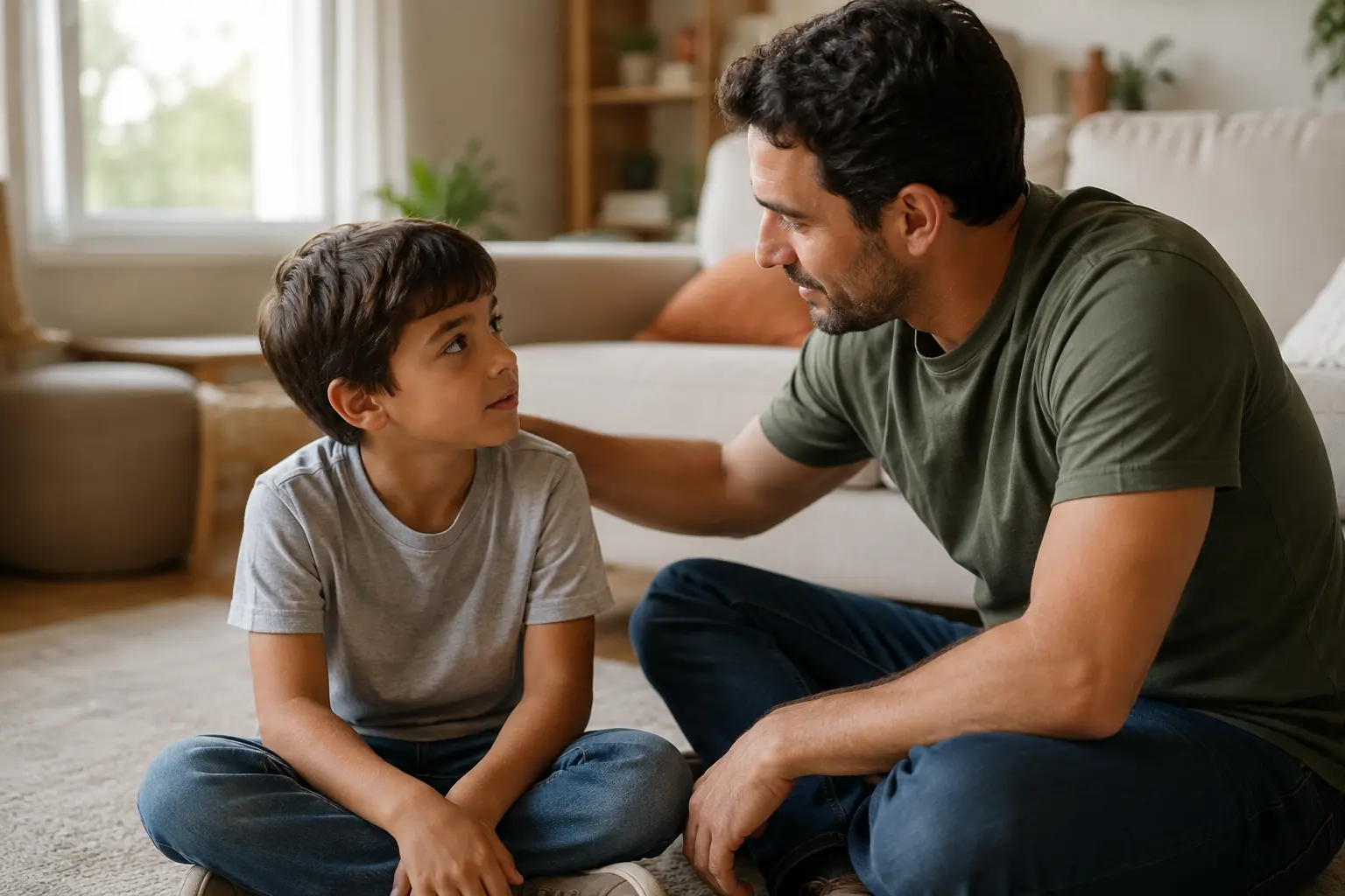 A father and son talking while sitting on the living room floor. The father reassures the son with a hand on his shoulder.