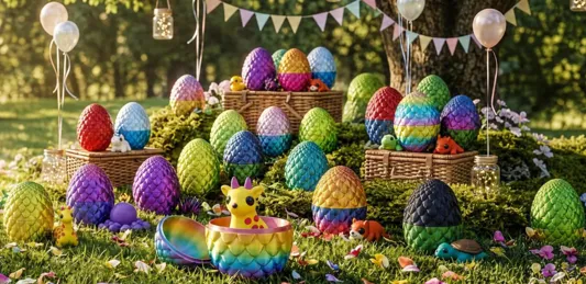 Multiple colorful eggs elegantly displayed at an outdoor kids party.